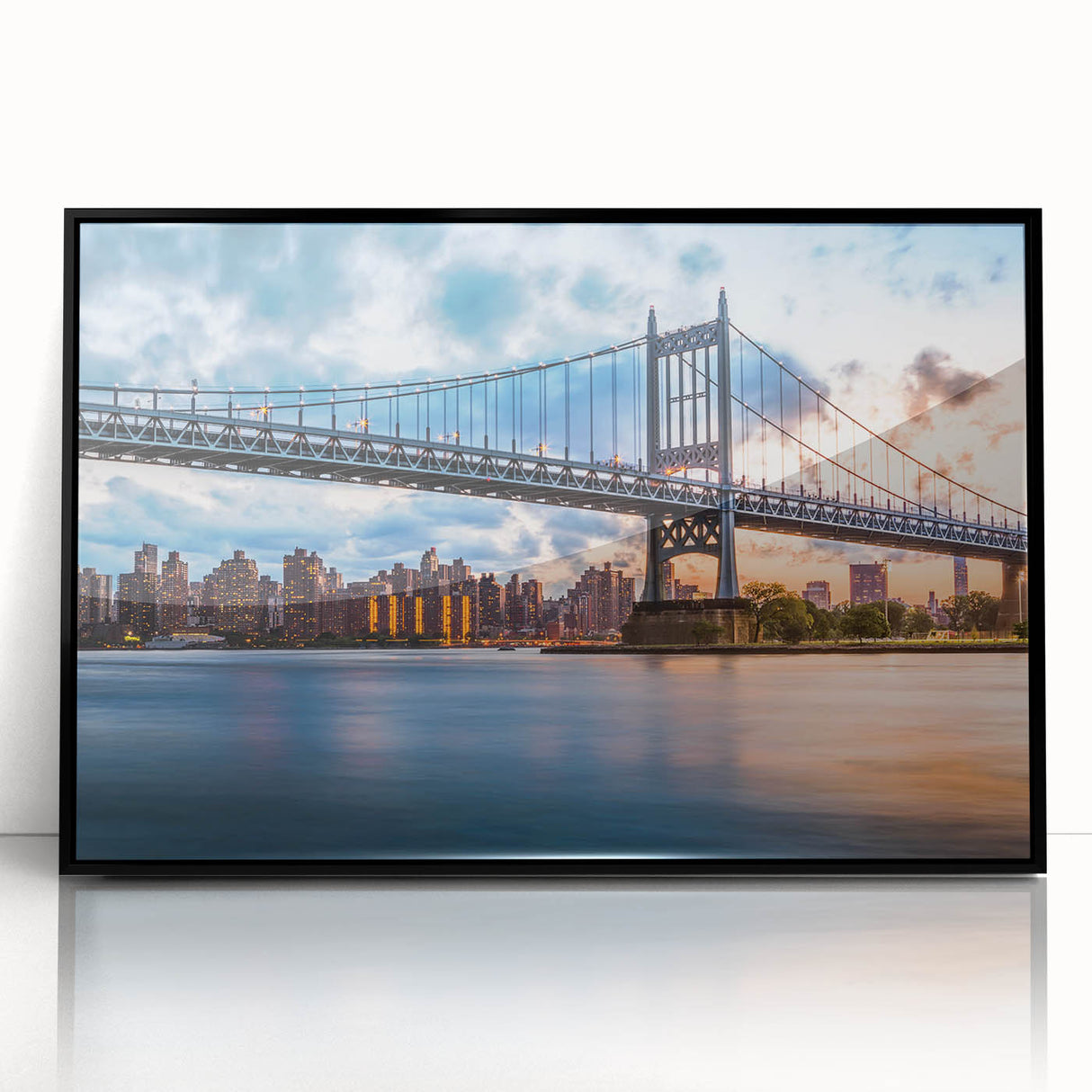 Large abstract wall art of the Manhattan Bridge in muted gray and blue tones on a framed acrylic.