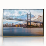 Acrylic print of the Manhattan Bridge in muted gray tones, framed in gold, suited for modern art wall decor.