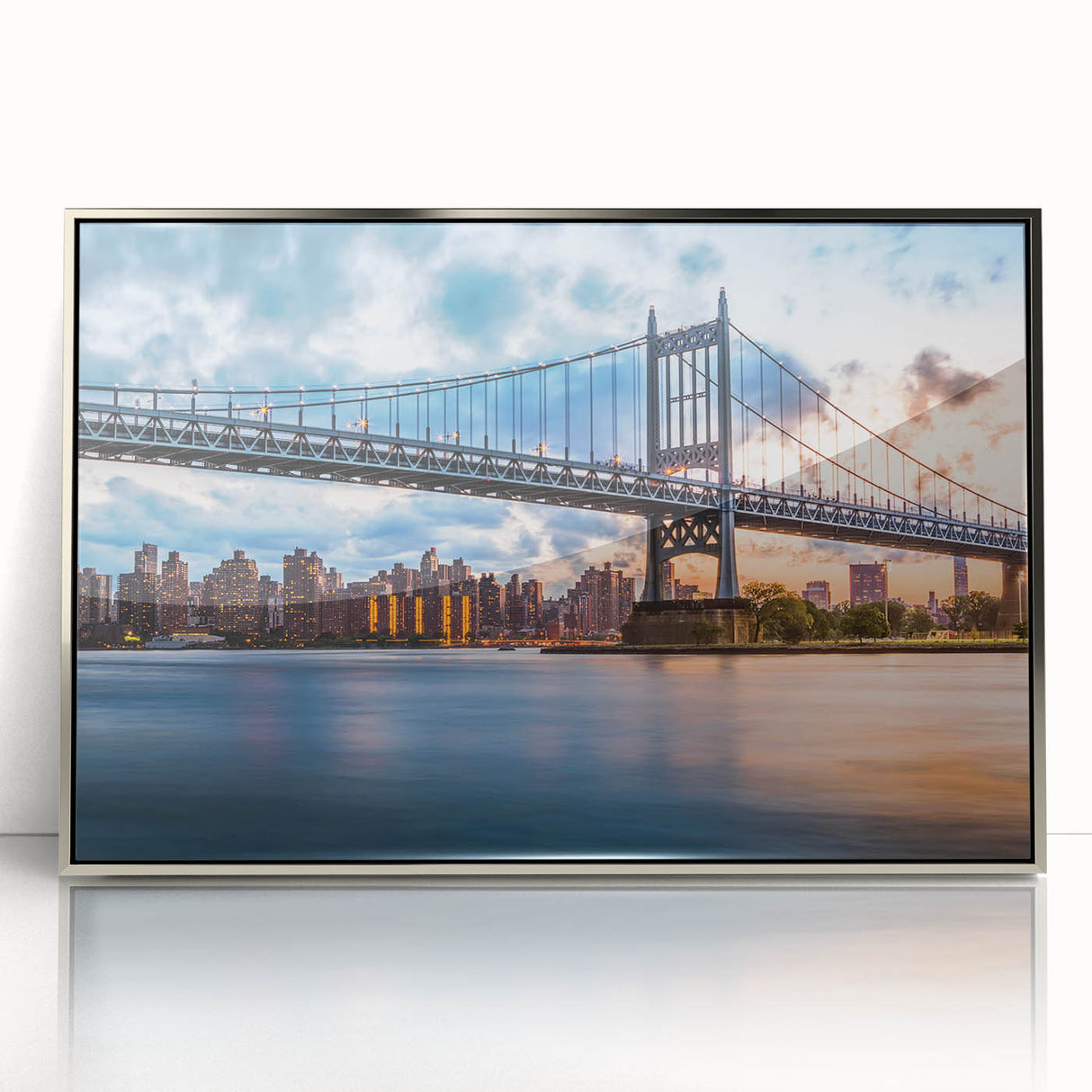 Mid-century modernist art of the Manhattan Bridge in muted gray and blue tones on a framed acrylic print.