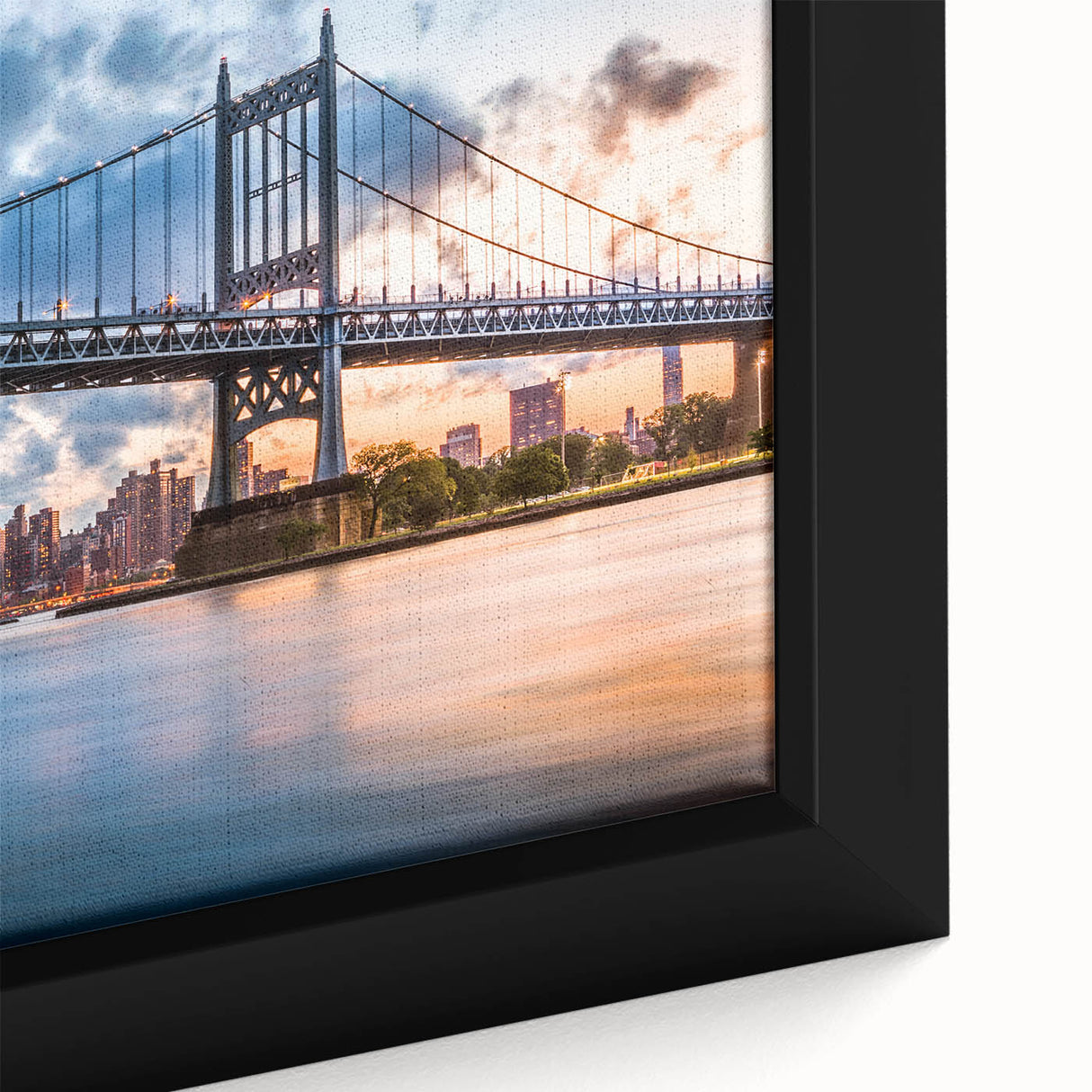 Framed canvas of the Manhattan Bridge in black with colorful, textured art, perfect for large living room walls.