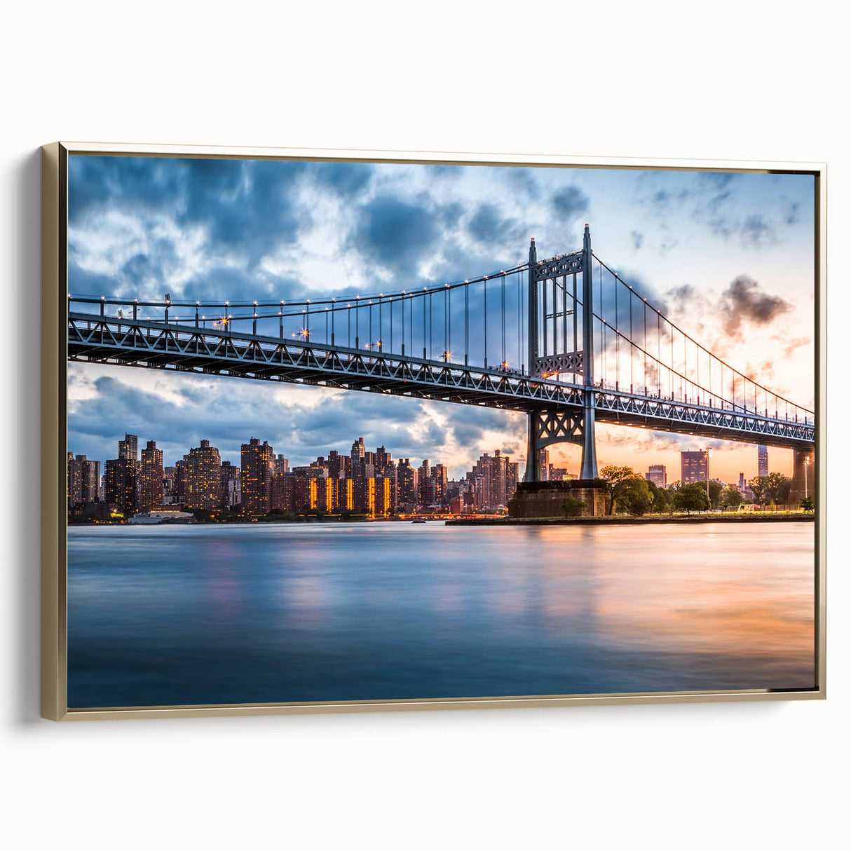 Framed canvas of Manhattan Bridge in vintage poster style, featuring black and gold tones, suitable for bedroom wall art.