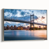 Framed canvas of Manhattan Bridge in a vintage poster style, featuring black and colorful art, ideal for office decor.
