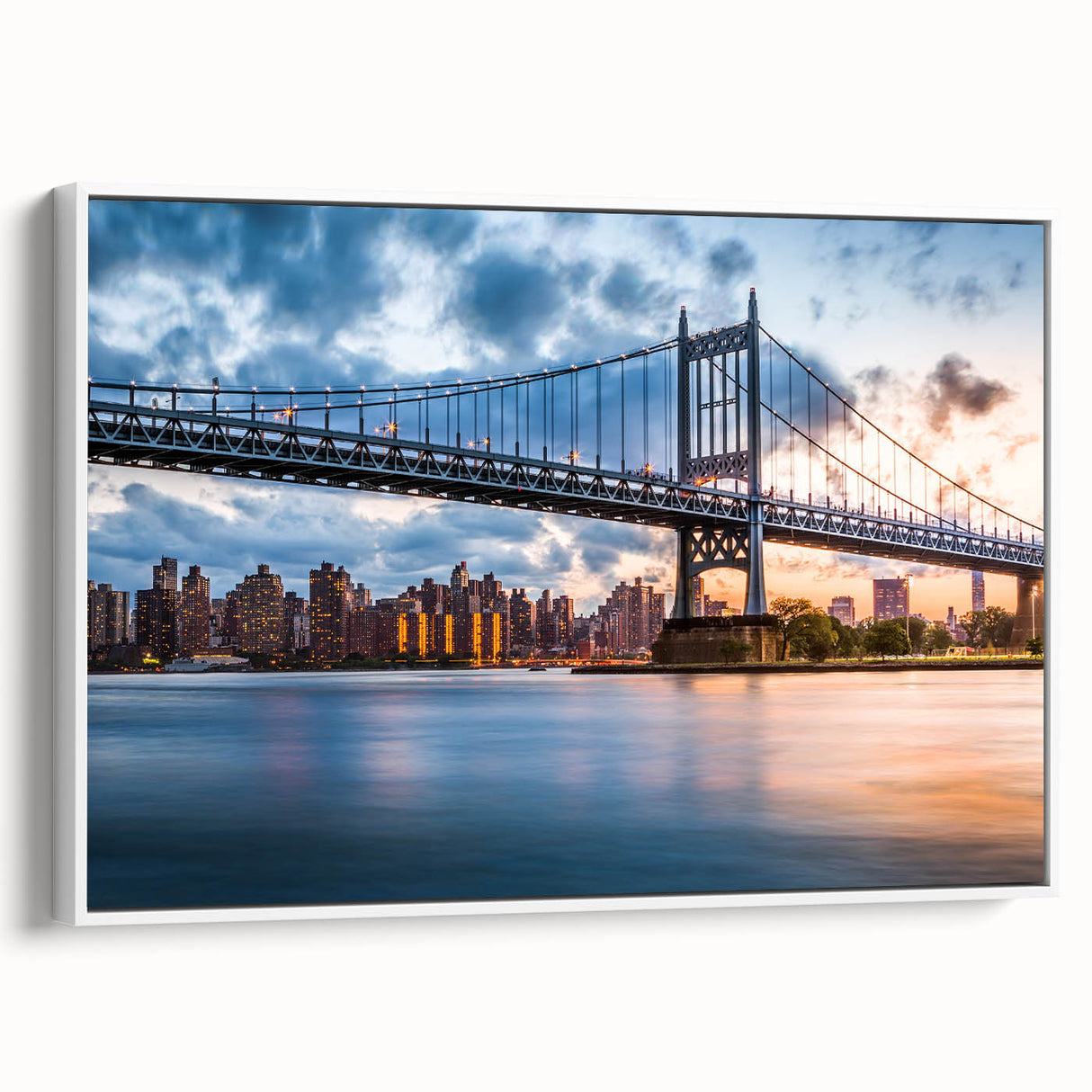 Vintage poster art of Manhattan Bridge in vibrant colors on a white framed canvas, ideal for living room decor.