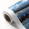 Art Deco poster of Manhattan Bridge in gray and blue tones on rolled canvas.