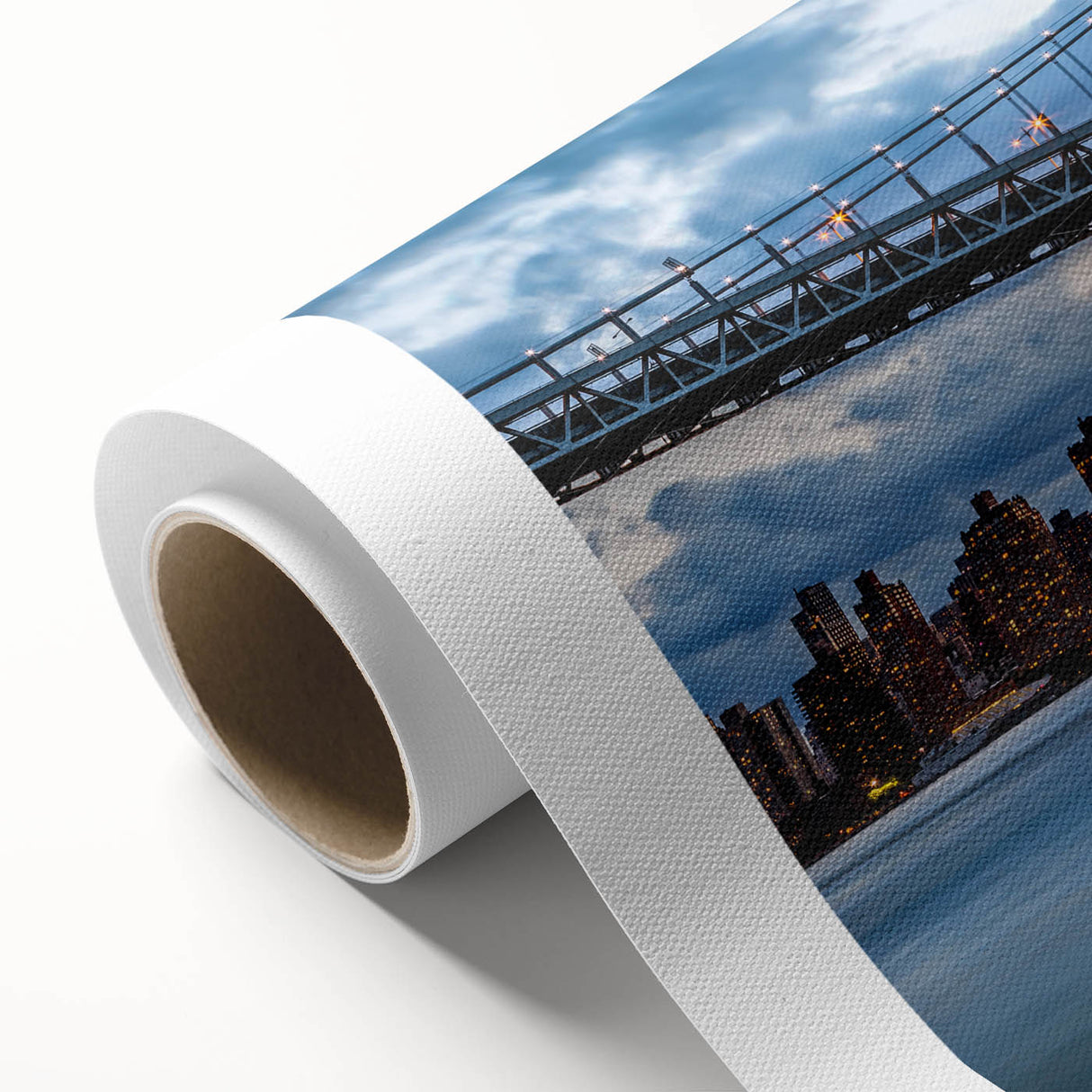 Art Deco poster of Manhattan Bridge in gray and blue tones on rolled canvas.