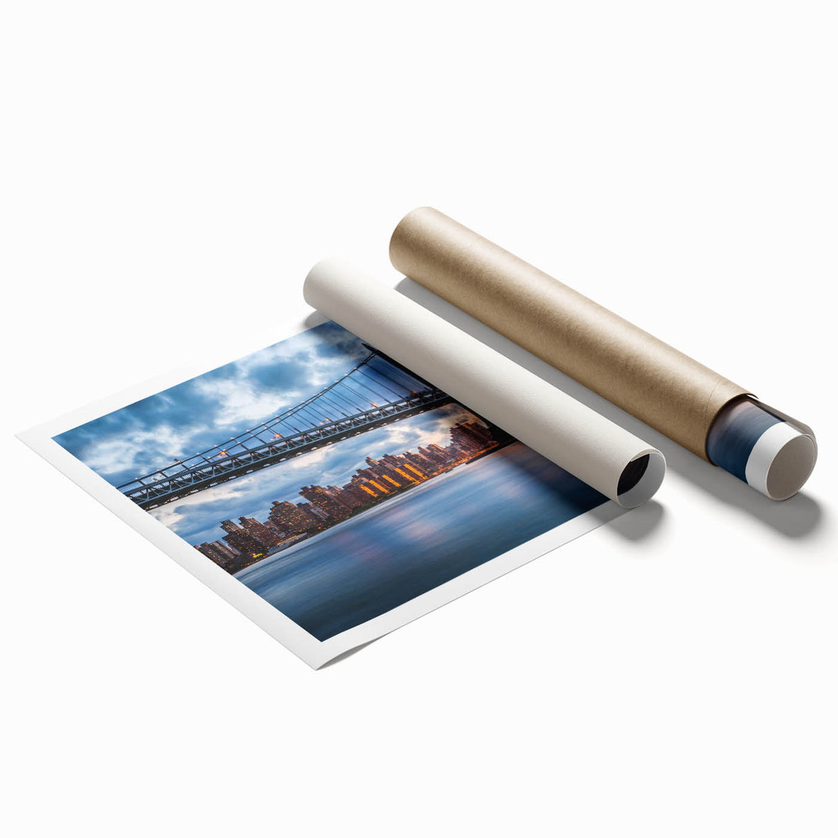 Rolled print of the Manhattan Bridge with muted blue and gray tones, suitable for classy bathroom wall art.