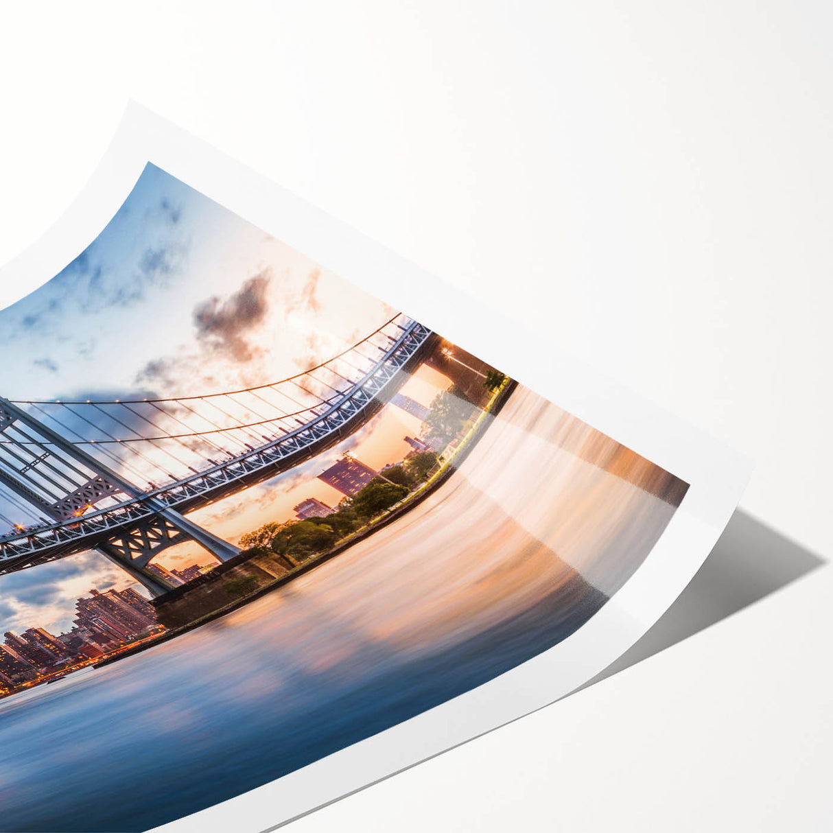 Extra large rolled print of Manhattan Bridge with line art flowers in muted gray tones, ideal for large living room wall art.