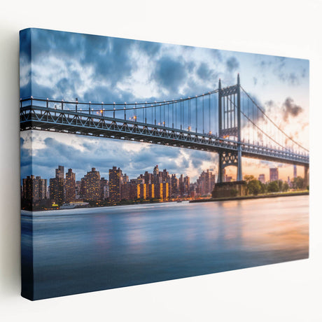 Manhattan Bridge at dusk depicted in subdued blue and gray tones on a large stretched canvas, suitable for kitchen wall art.