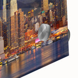 Large abstract wall art of Manhattan skyline in muted gray and blue tones on acrylic glass, suitable for dining room decor.