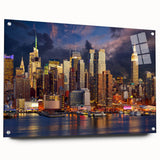 Acrylic print of Manhattan skyline in muted gray and blue tones, suitable for modern bedroom or dining room decor.