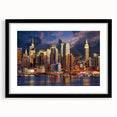 Colorful abstract art print of Manhattan skyline in vibrant hues on a large textured canvas, ideal for living room decor.