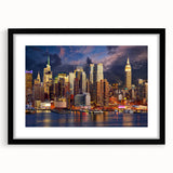 Colorful abstract art print of Manhattan skyline in vibrant hues on a large textured canvas, ideal for living room decor.