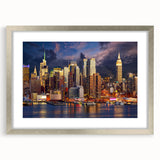 Textured art print of abstract Manhattan skyline in muted gray hues on a framed silver mat, ideal for bedroom wall decor.
