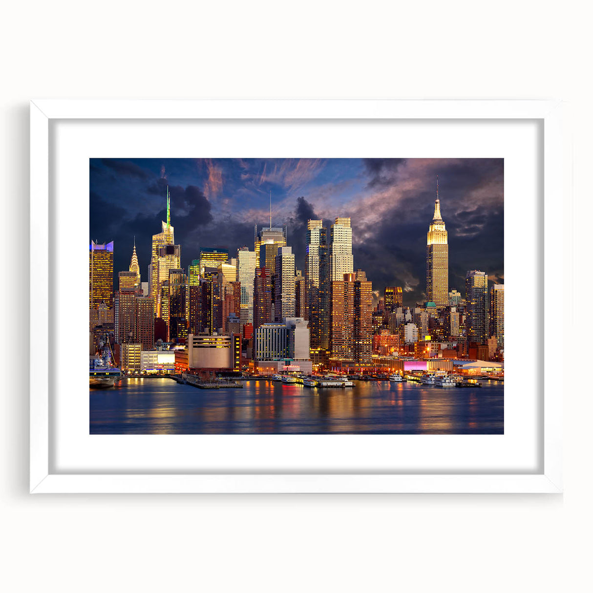 Abstract art print of Manhattan skyline in muted gray and blue tones on a white framed canvas, ideal for dining room decor.
