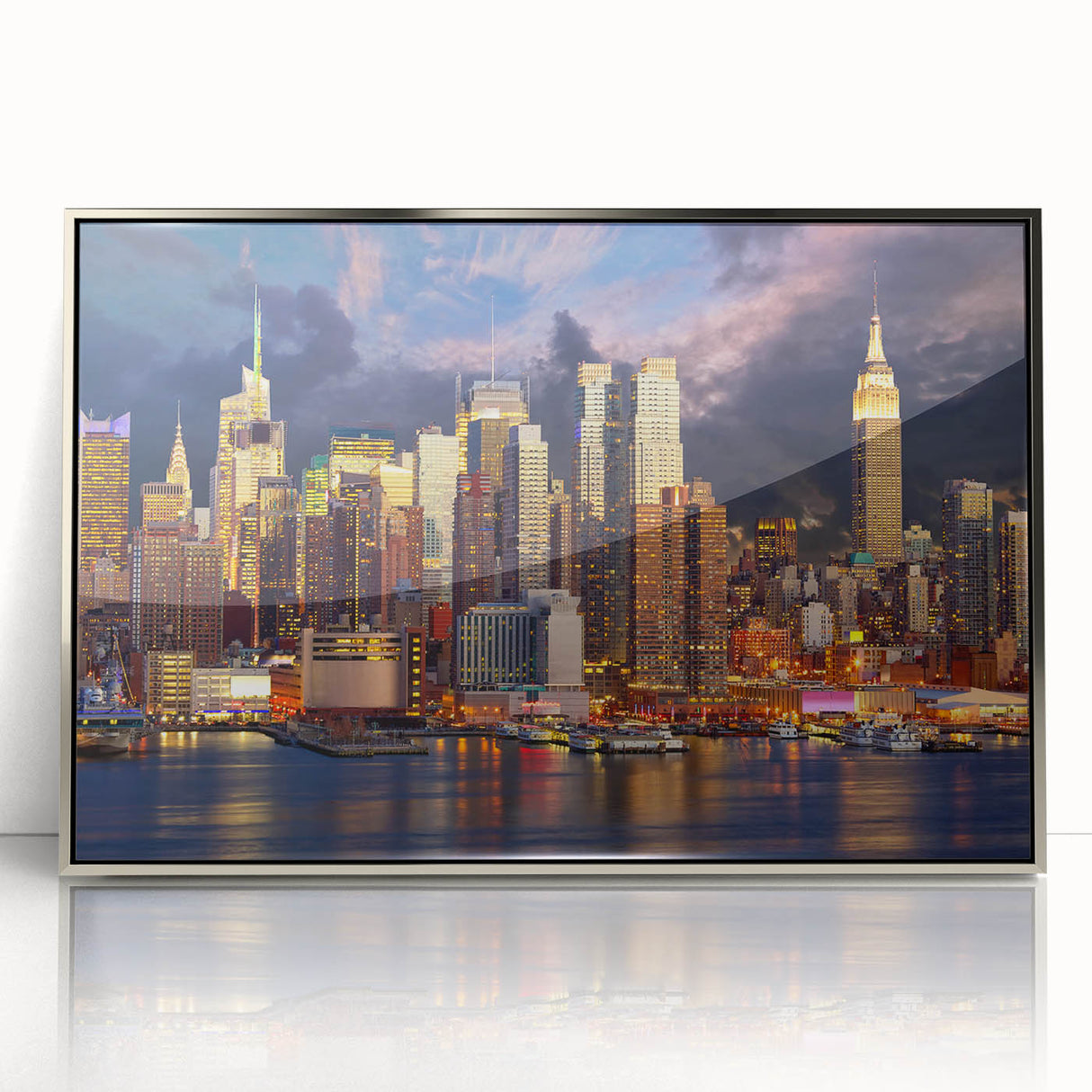 Mid-century modernist art depicting Manhattan skyline in muted gray tones on a framed acrylic print.