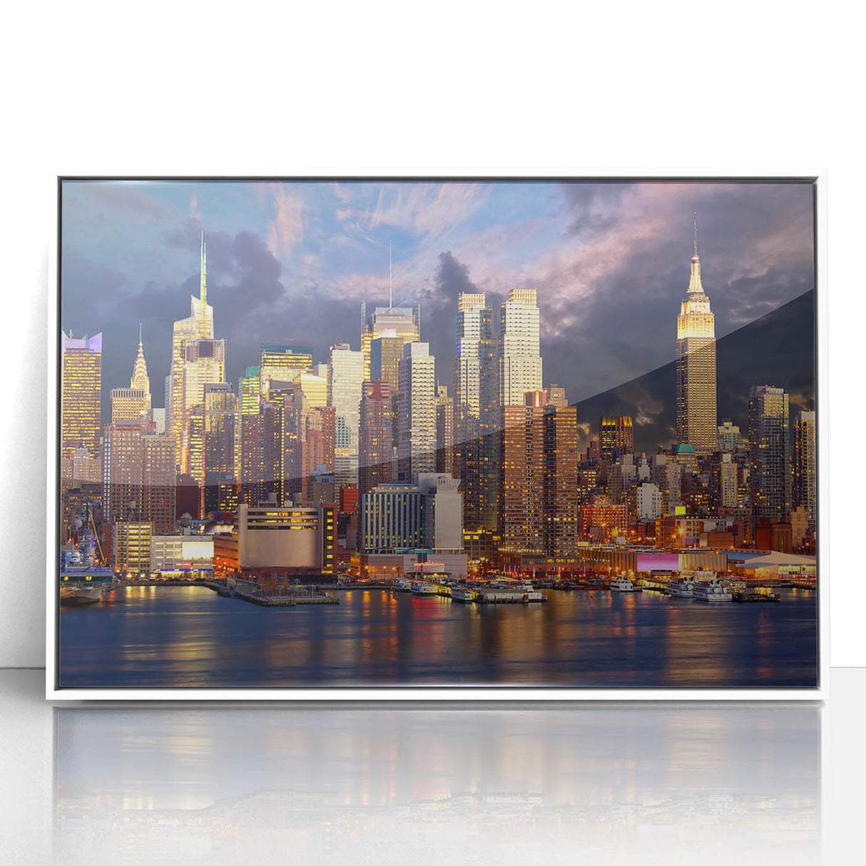 Acrylic print of Manhattan skyline in art deco style with muted gray and blue tones, ideal for modern art wall decor.