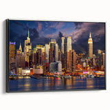 Black and white wall art of Manhattan skyline, framed canvas, ideal for bedroom landscape decor.