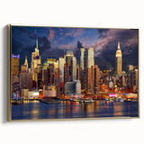 Framed canvas of Manhattan skyline in black and gold tones, ideal for bedroom wall art.