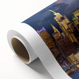 Art deco poster of Manhattan skyline in pastel shades on rolled canvas, ideal for nursery wall art.