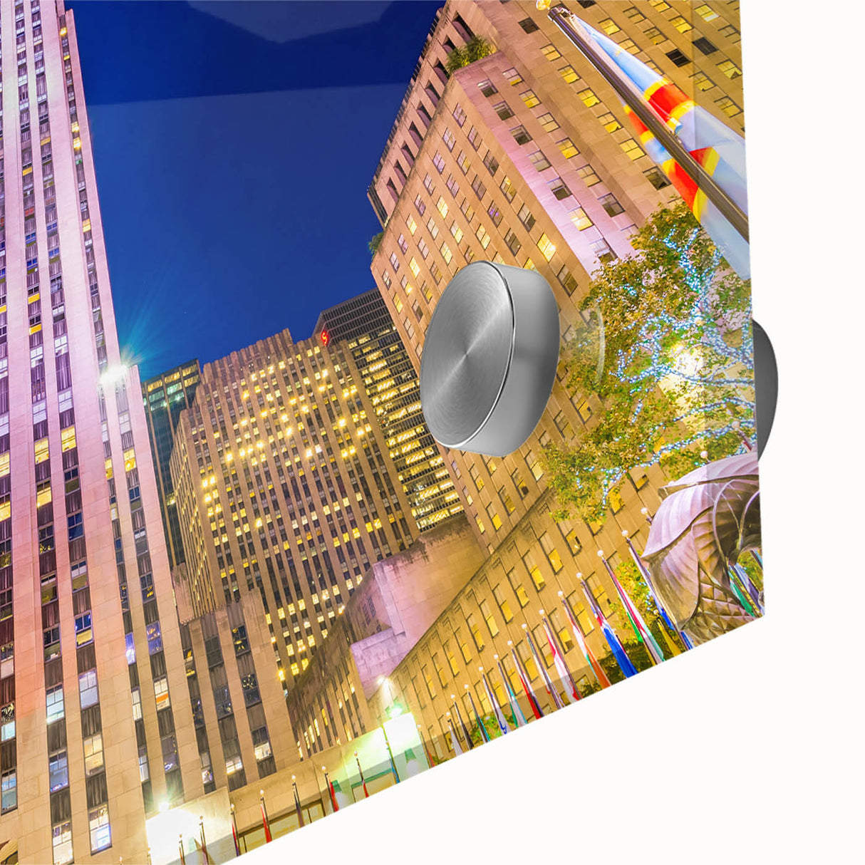 Large abstract wall art of NYC Rockefeller scenery in mid-century modernist style on acrylic glass.