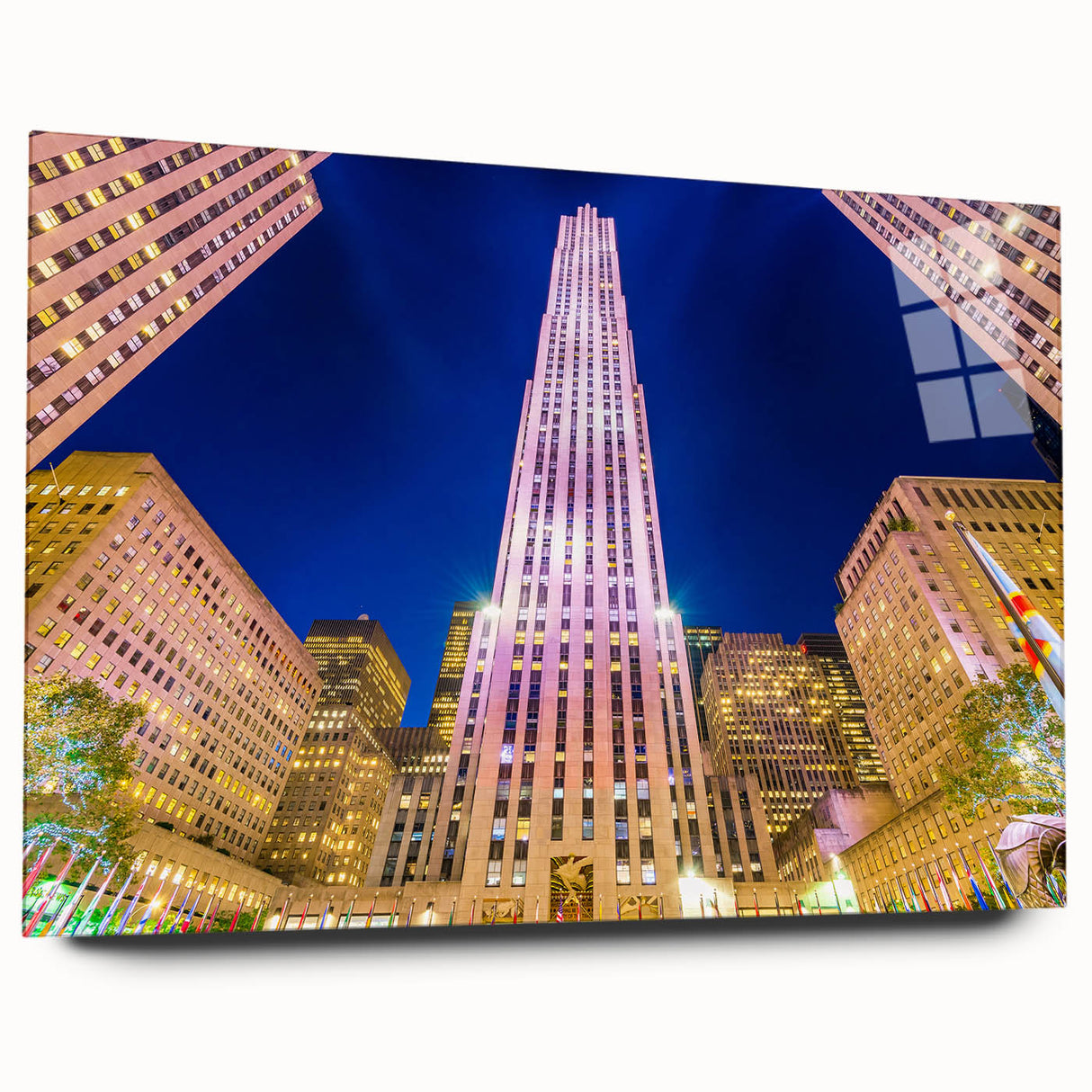 Large abstract depiction of NYC skyline in muted blue and gray tones on acrylic glass.