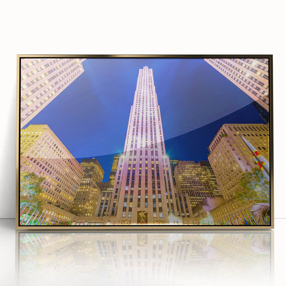 Acrylic print of New York City skyline in gold tones, framed, ideal for modern art wall decor.