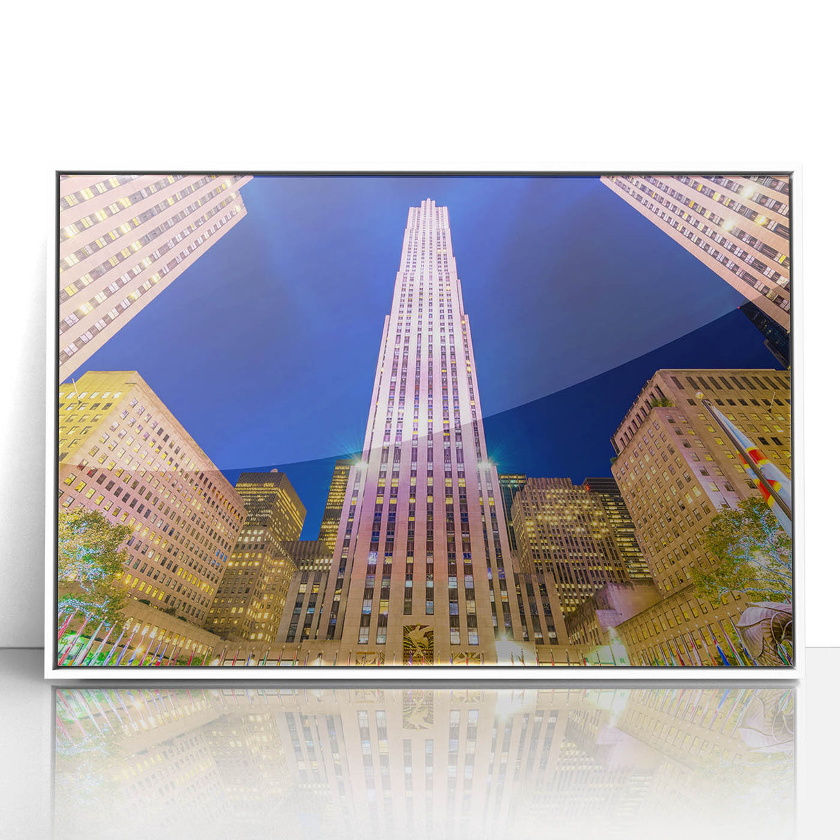Art deco poster of New York City skyline in muted gray and blue tones on a framed acrylic.