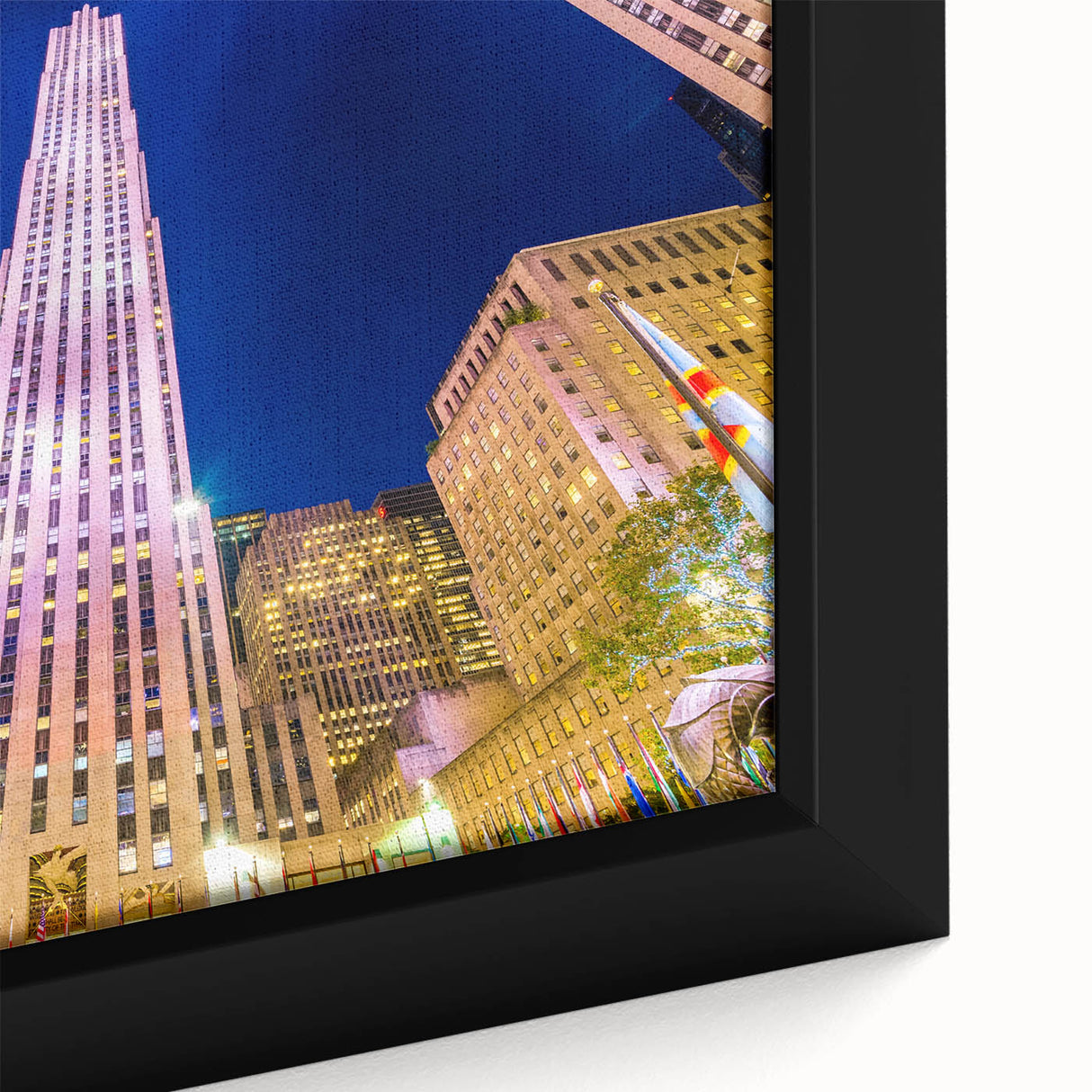 Extra large framed canvas of a textured New York City skyline in black with colorful highlights, ideal for living room decor.