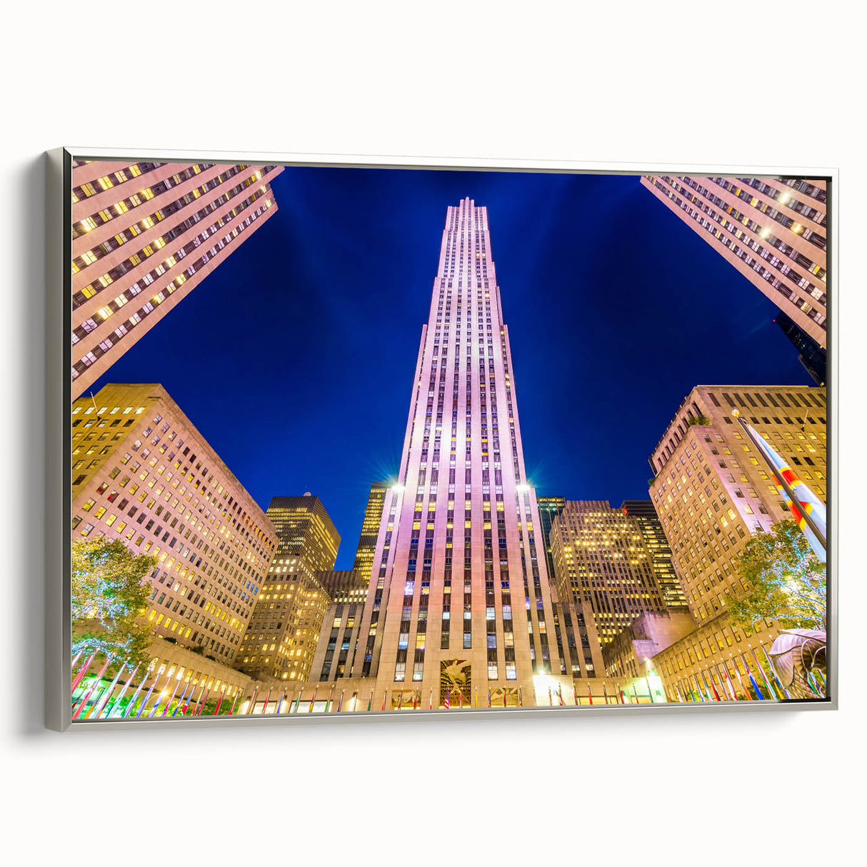 Framed canvas of a vintage New York City skyline in black with colorful accents, ideal for office wall decor.