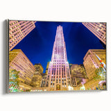 Framed canvas of a vintage New York City skyline in black with colorful accents, ideal for office wall decor.