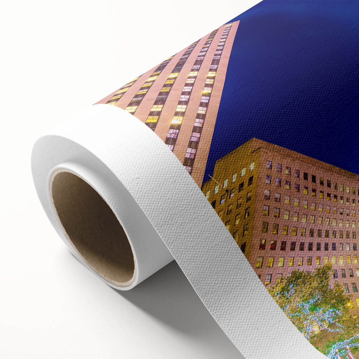Art Deco poster of NYC Rockefeller Center in muted metallic tones on rolled canvas, ideal for nursery wall art.