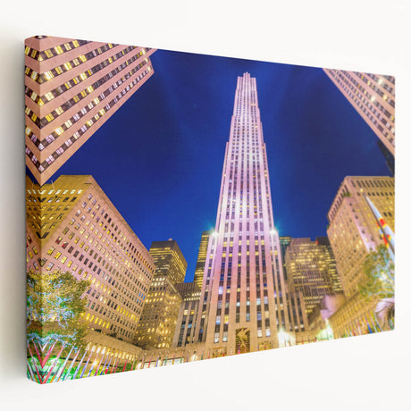 Side view of a stretched canvas featuring a large, detailed New York City skyline in muted gray tones.