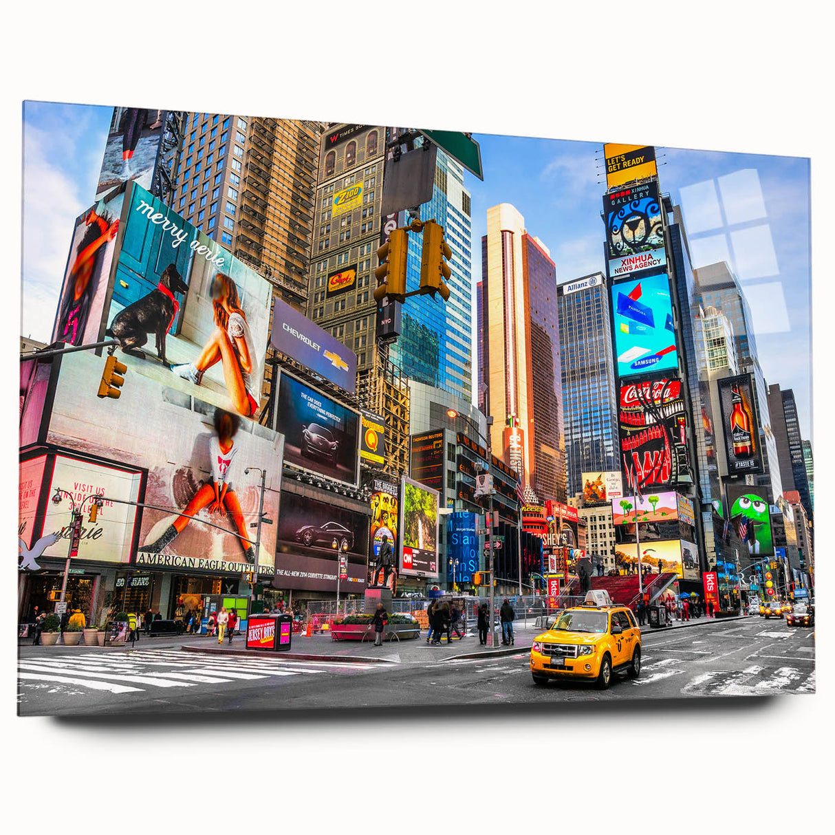 Acrylic print of a large abstract depiction of NYC Times Square in vibrant colors, ideal for dining room art.