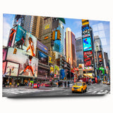 Acrylic print of a large abstract depiction of NYC Times Square in vibrant colors, ideal for dining room art.