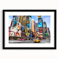 Extra large abstract art print of Times Square with vibrant colors on textured canvas, ideal for living room decor.
