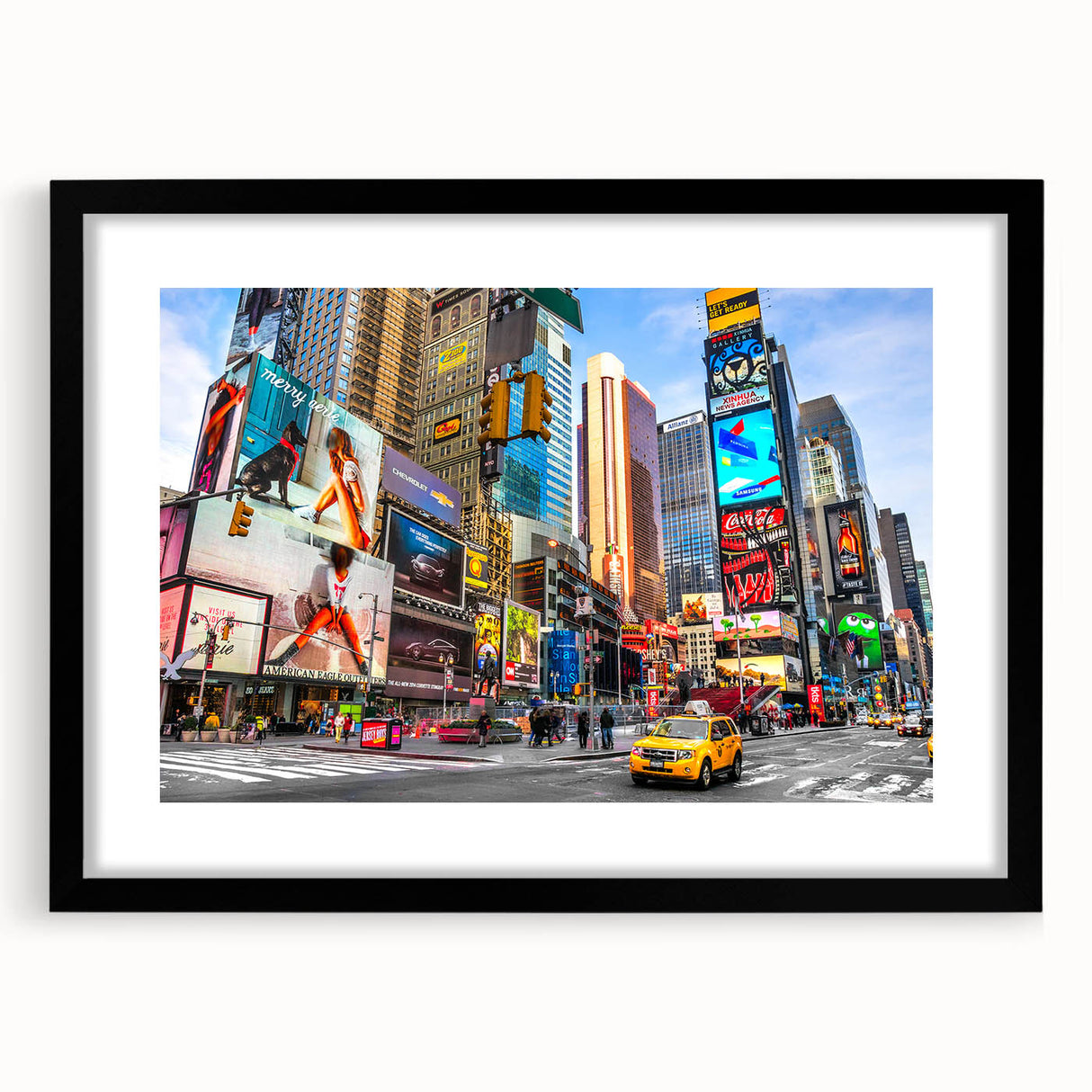 Extra large abstract art print of Times Square with vibrant colors on textured canvas, ideal for living room decor.