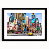 Extra large abstract art print of Times Square with vibrant colors on textured canvas, ideal for living room decor.