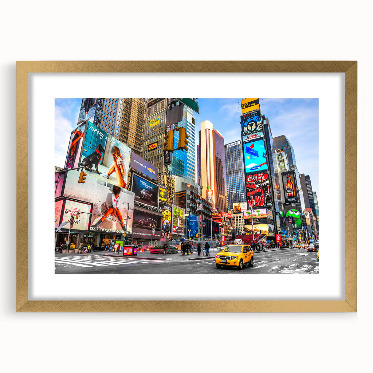 Extra large wall art of abstract Times Square scene in textured colors on a gold-framed canvas.