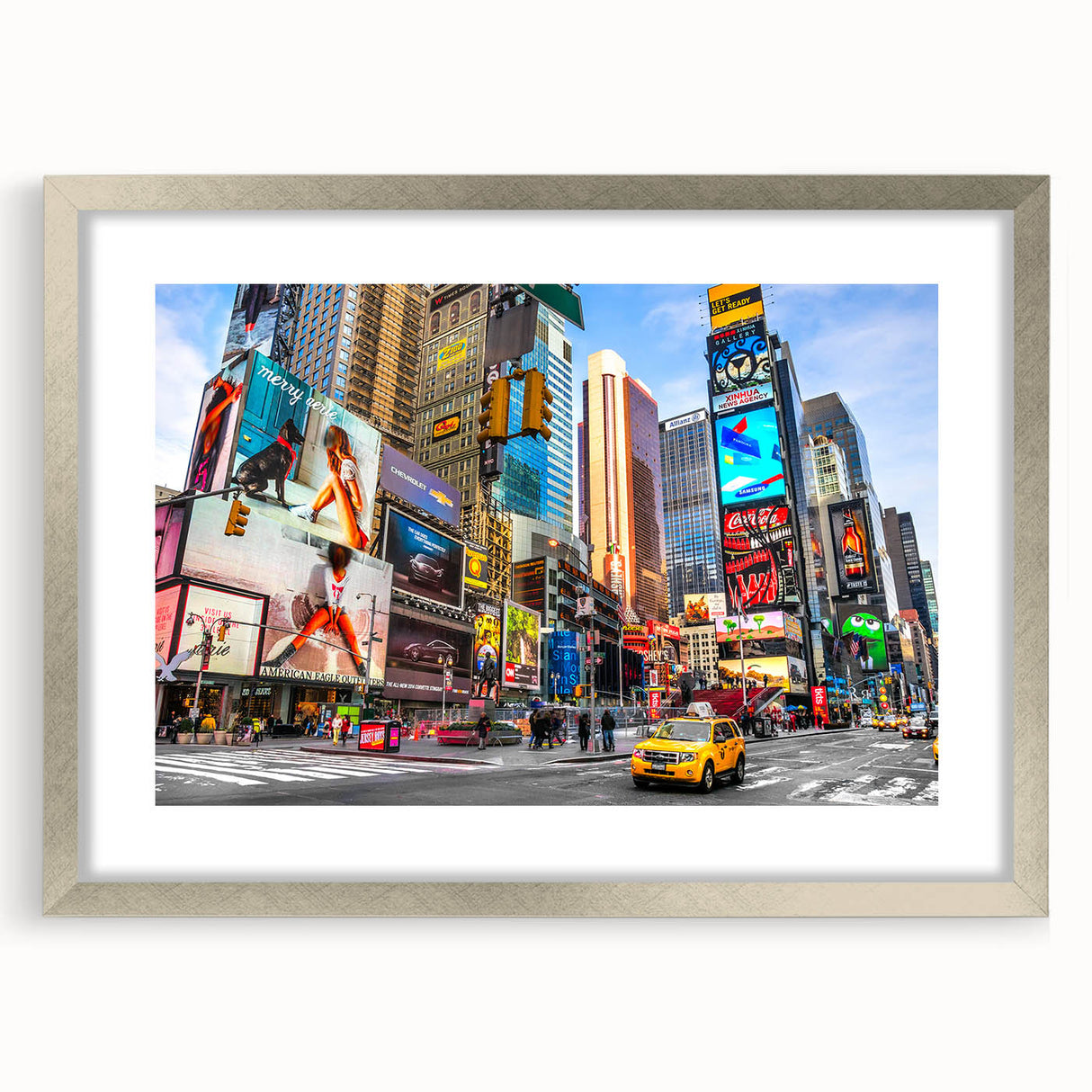Textured art depicting abstract Times Square in muted gray and blue tones on a framed silver mat.
