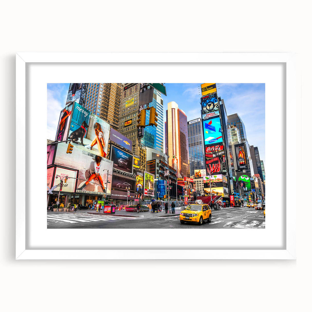 Abstract art print of Times Square with vibrant neon colors on a framed white mat, suitable for bedroom or dining room decor.