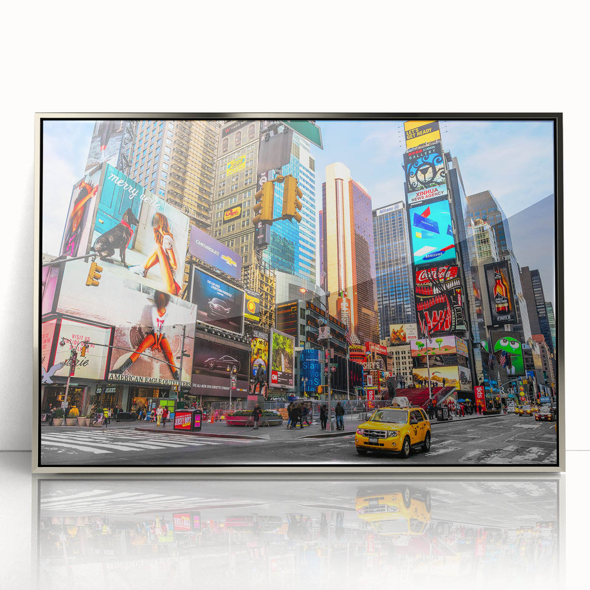 Mid-century modernist art of Times Square with vibrant colors on a silver-framed acrylic print.