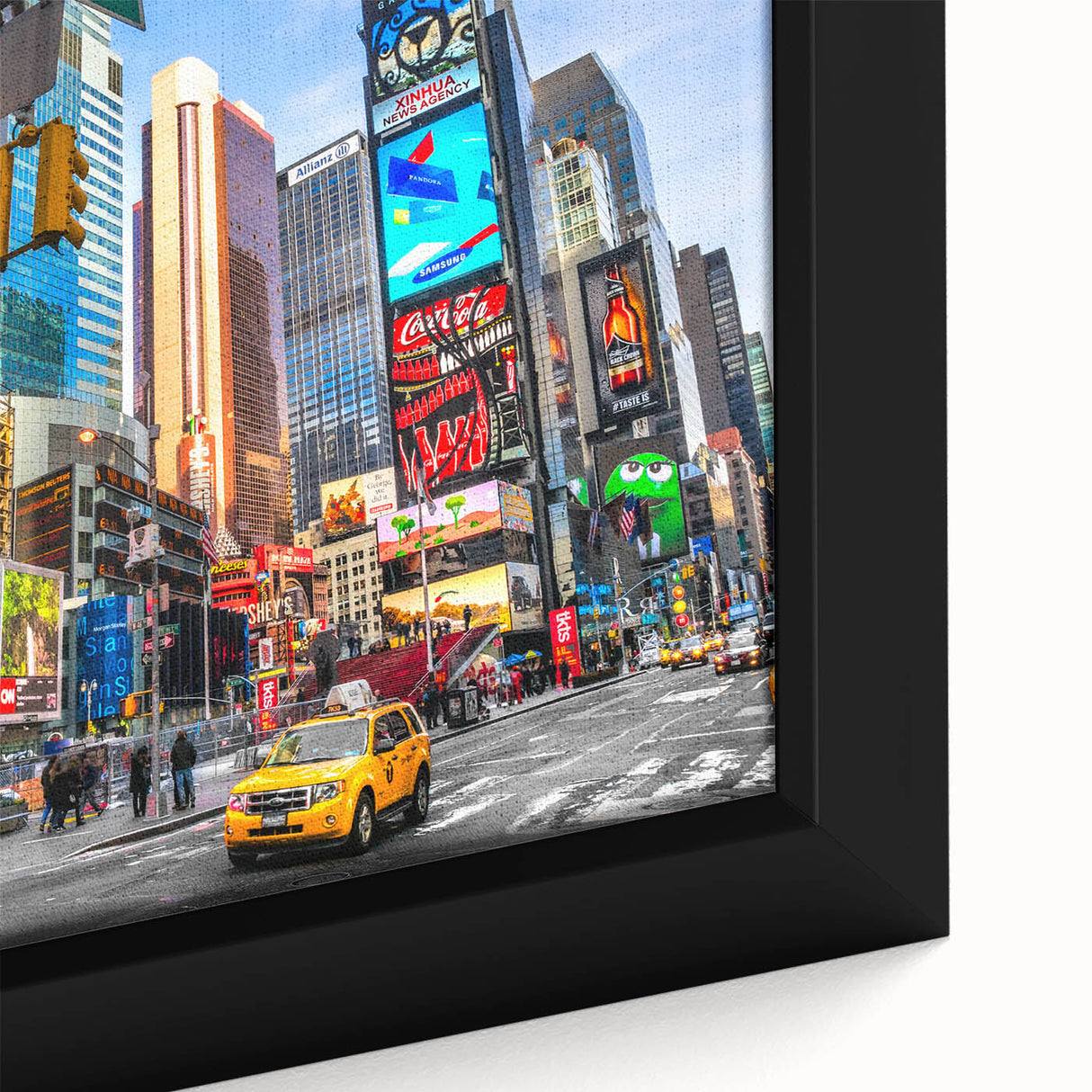 Framed canvas of Times Square with textured, colorful art on a black background, suitable for large living room walls.