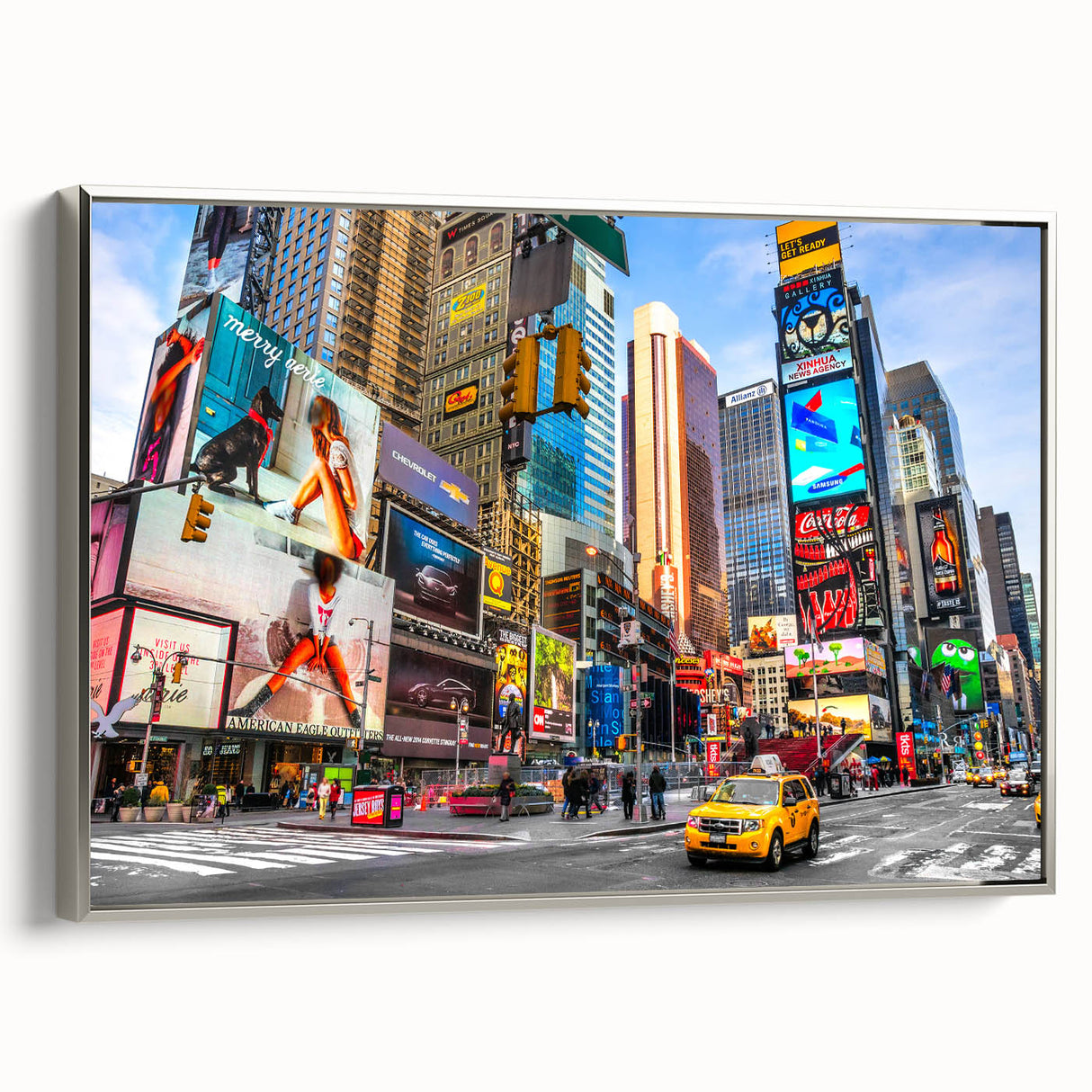 Framed canvas of Times Square with colorful vintage poster art style, ideal for living room decor.