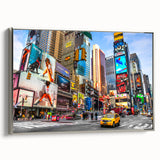 Framed canvas of Times Square with colorful vintage poster art style, ideal for living room decor.