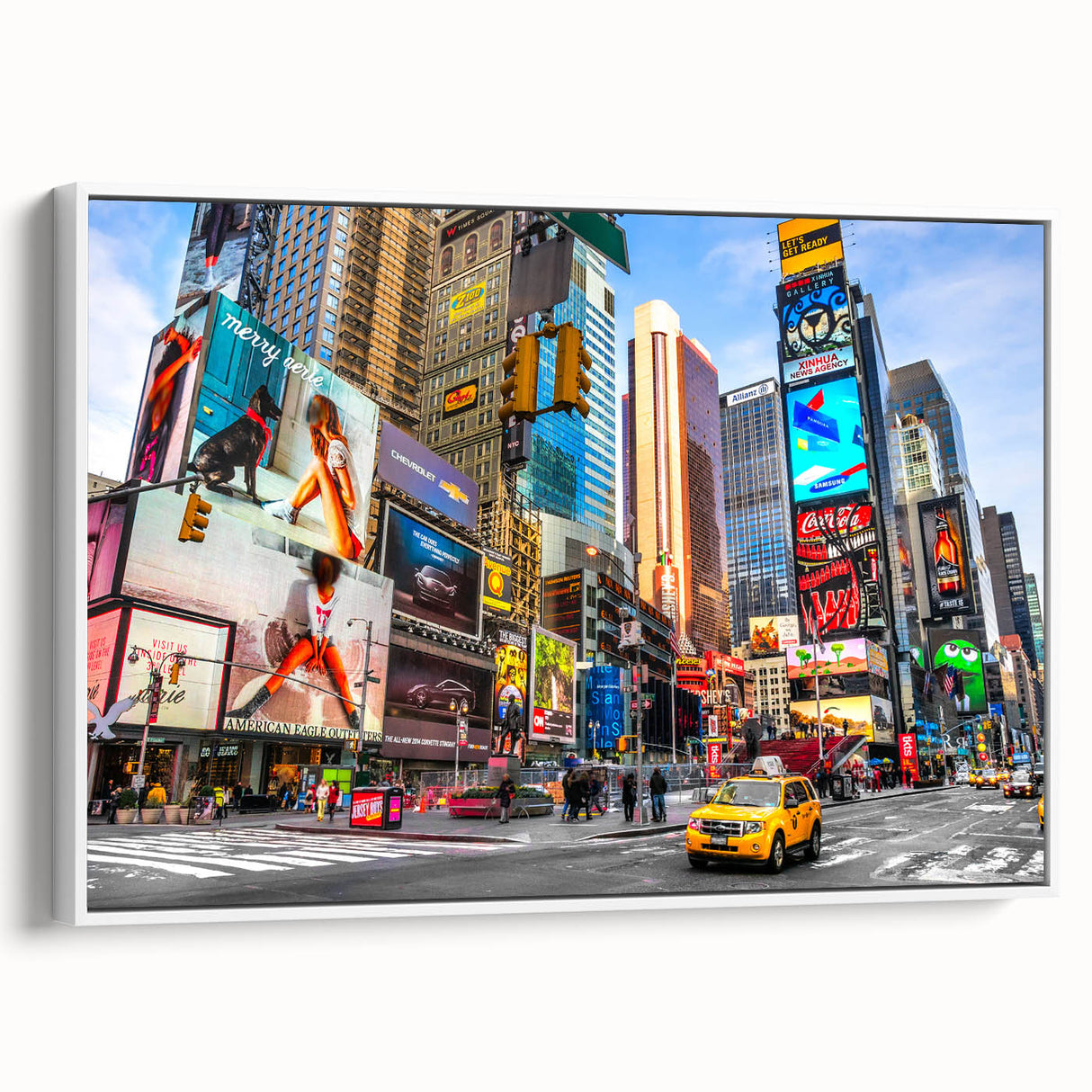 Vintage poster art of Times Square with colorful details on extra large framed canvas, ideal for living room decor.