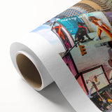 Art deco poster of Times Square in muted gray and blue tones on rolled canvas, ideal for nursery wall art.