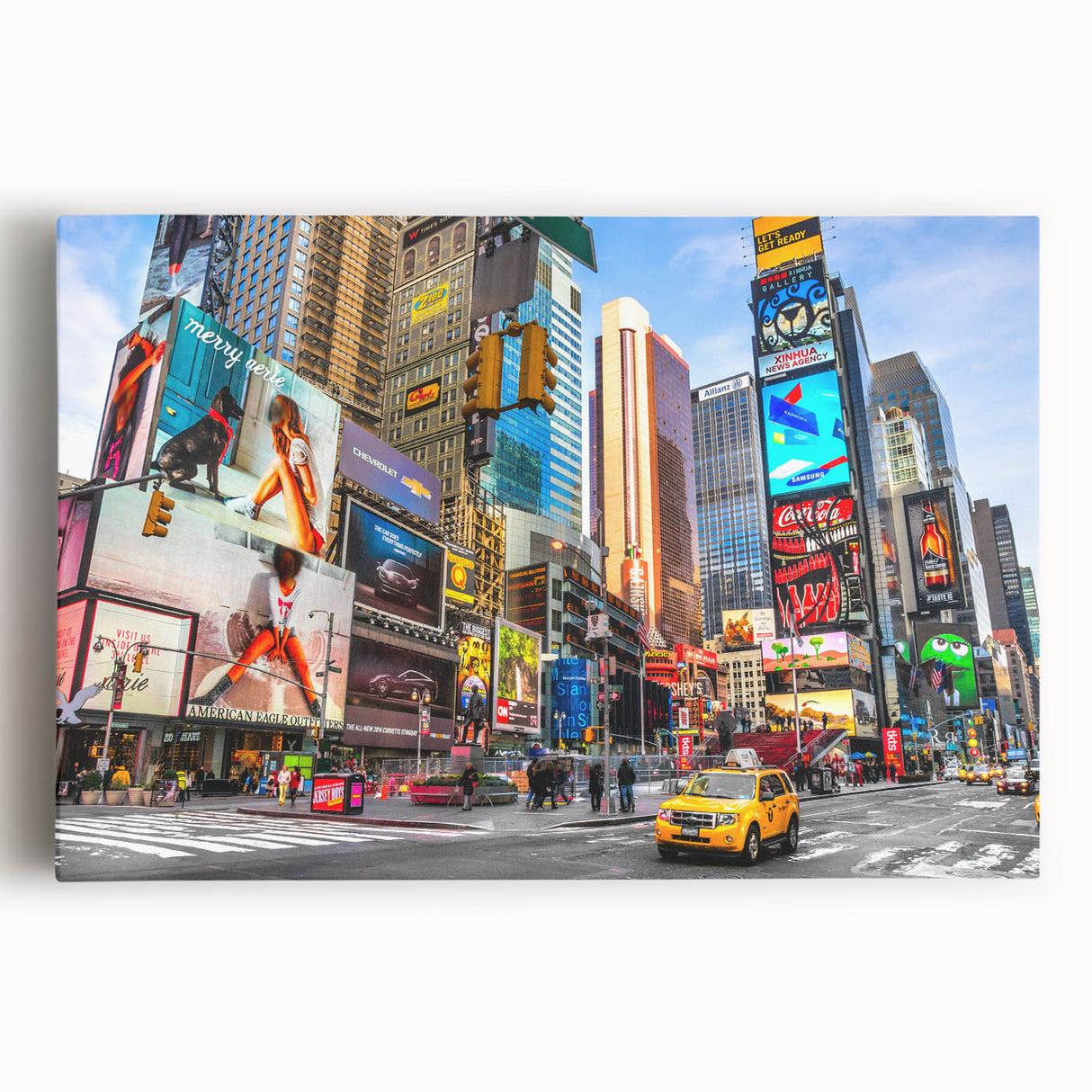 Black and white stretched canvas of Times Square, ideal for kitchen wall art.