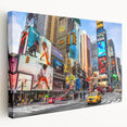 Times Square scene on large stretched canvas with vivid colors and bustling city details, ideal for kitchen wall art.