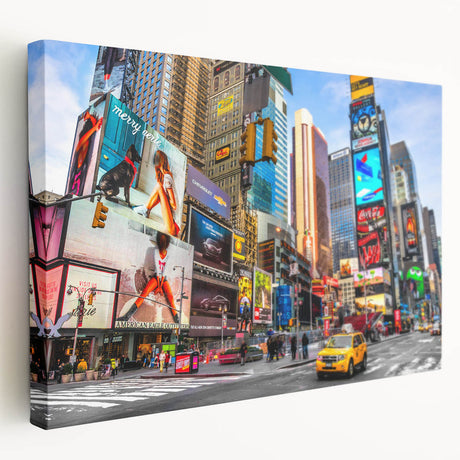 Times Square scene on large stretched canvas with vivid colors and bustling city details, ideal for kitchen wall art.