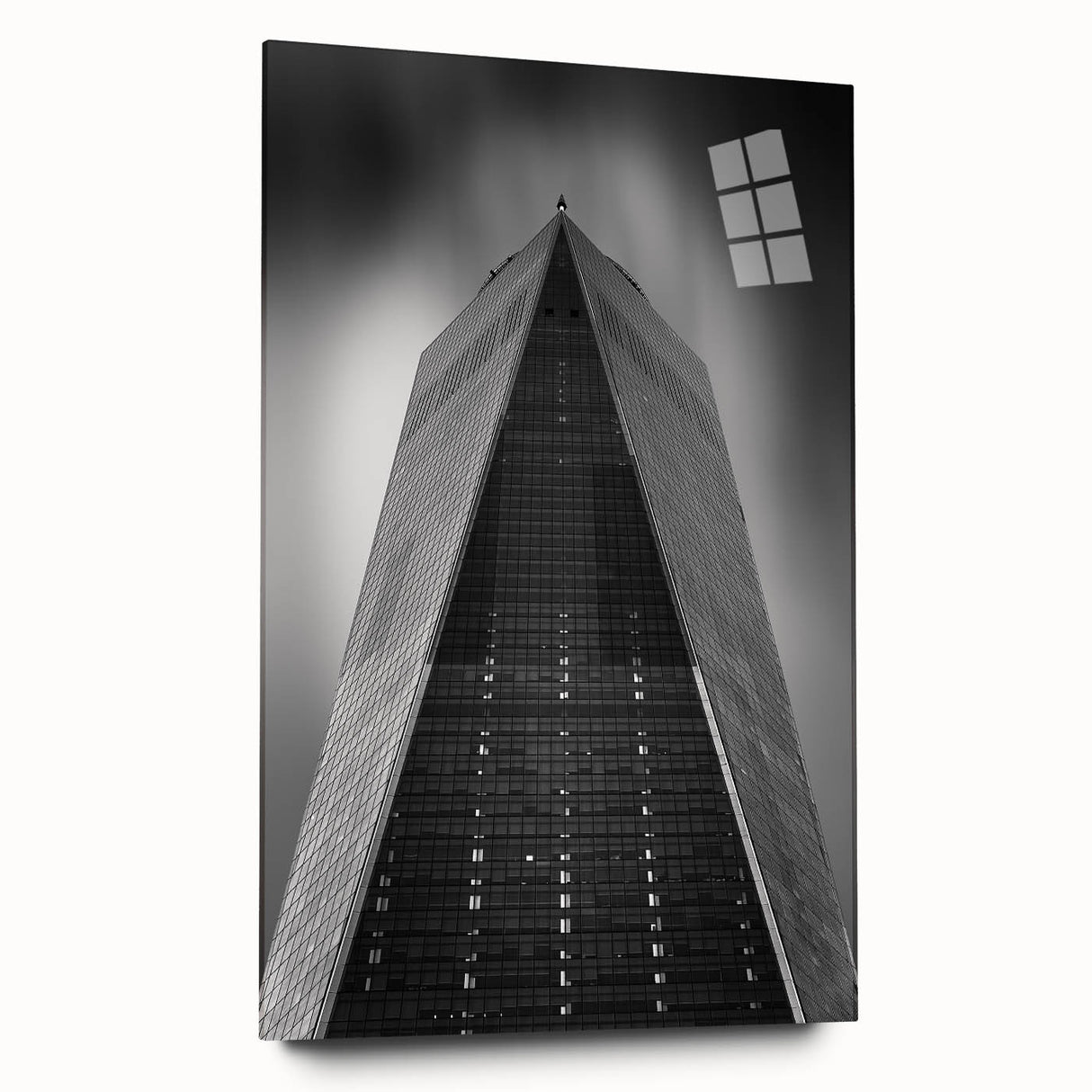 Acrylic print of a large abstract depiction of the NYC Trade Center in muted gray and blue tones.